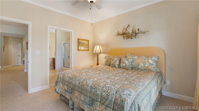 carpeted bedroom featuring crown molding and ceiling fan