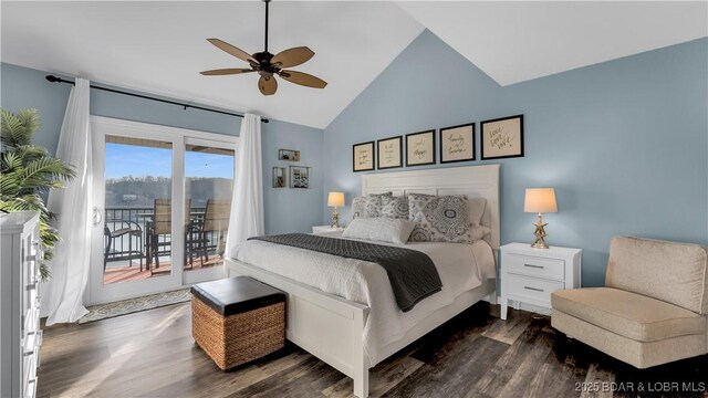 bedroom featuring vaulted ceiling, dark hardwood / wood-style floors, access to outside, and ceiling fan