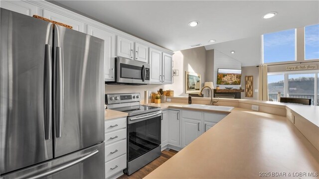 kitchen featuring sink, white cabinetry, stainless steel appliances, dark hardwood / wood-style flooring, and vaulted ceiling