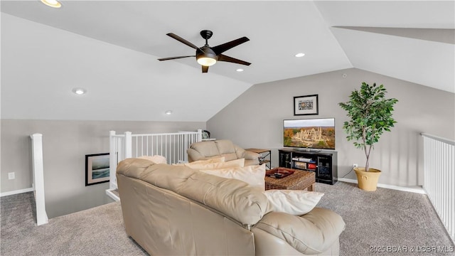 carpeted living room featuring lofted ceiling and ceiling fan