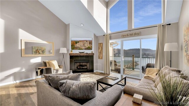 living room with a water and mountain view, high vaulted ceiling, hardwood / wood-style floors, and a fireplace