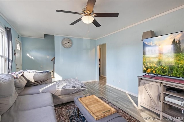 living room featuring ornamental molding, wood-type flooring, and ceiling fan