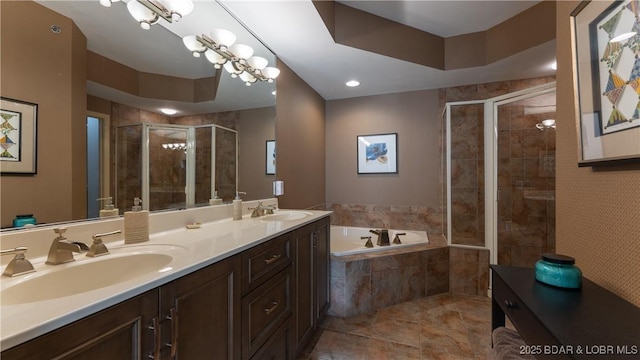 bathroom featuring vanity, tile patterned floors, and plus walk in shower