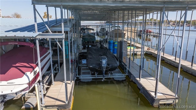 view of dock with a water view and boat lift