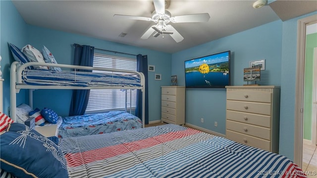 bedroom with visible vents, baseboards, and a ceiling fan