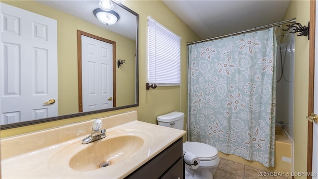 full bathroom with vanity, shower / bath combo, tile patterned floors, and toilet