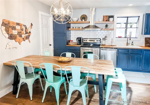 kitchen with blue cabinets, sink, appliances with stainless steel finishes, and extractor fan