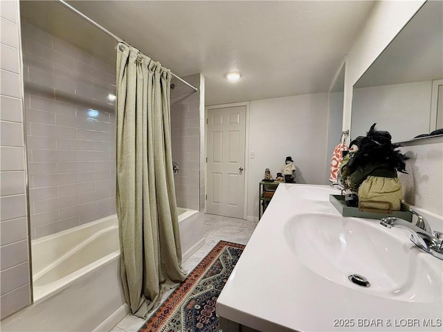 bathroom featuring shower / tub combo with curtain and vanity