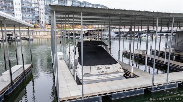 view of dock with a water view