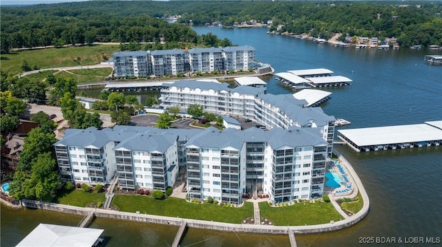 bird's eye view with a water view