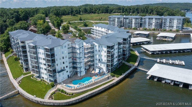 drone / aerial view featuring a water view