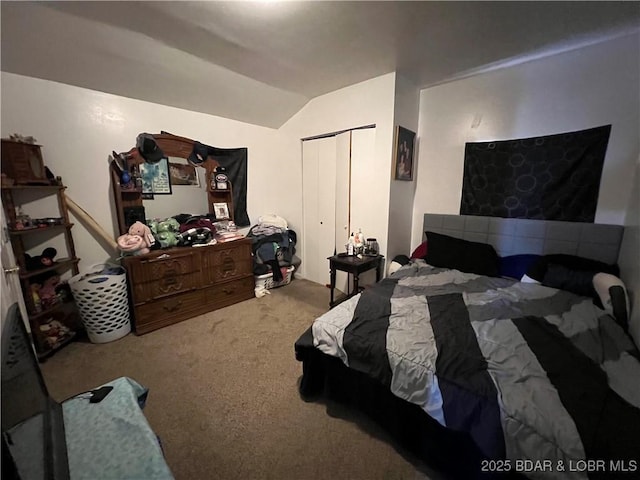 carpeted bedroom featuring lofted ceiling and a closet