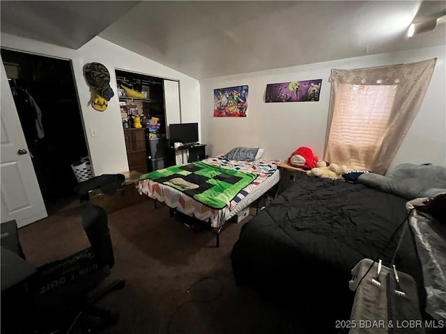 bedroom with vaulted ceiling and carpet flooring