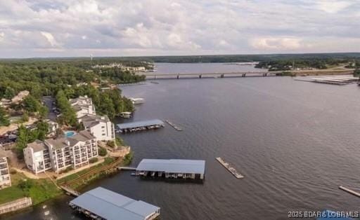 drone / aerial view with a water view