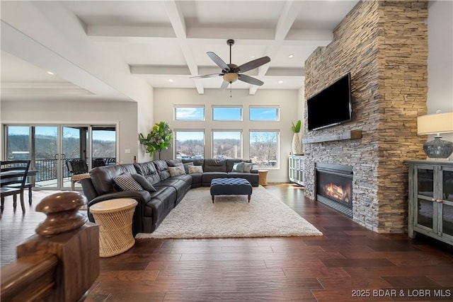 living room featuring beamed ceiling, dark hardwood / wood-style floors, a stone fireplace, and a wealth of natural light