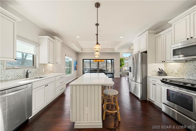 kitchen with stainless steel appliances, a center island, a tray ceiling, white cabinets, and decorative light fixtures