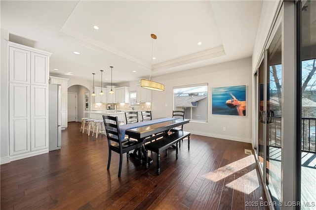 dining space featuring a tray ceiling and dark hardwood / wood-style flooring