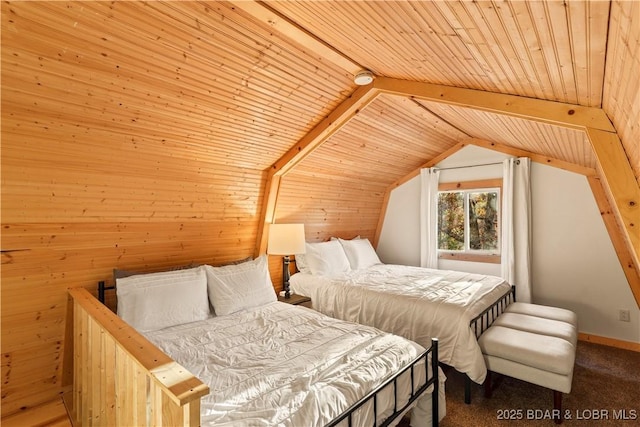 carpeted bedroom with lofted ceiling, wood ceiling, and wooden walls