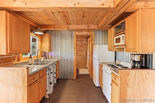 kitchen featuring sink, white appliances, and wooden ceiling