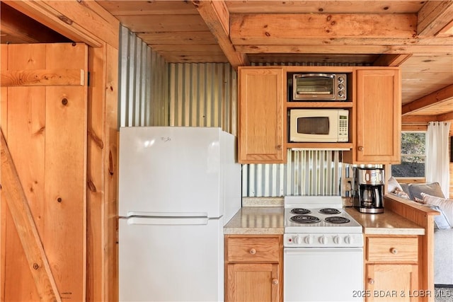 kitchen featuring white appliances, wooden ceiling, and light brown cabinets