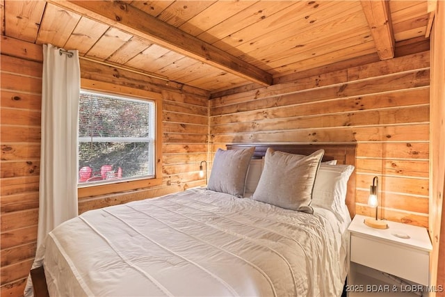 bedroom with wooden walls, beam ceiling, and wooden ceiling