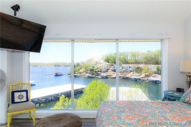 bedroom featuring a water view