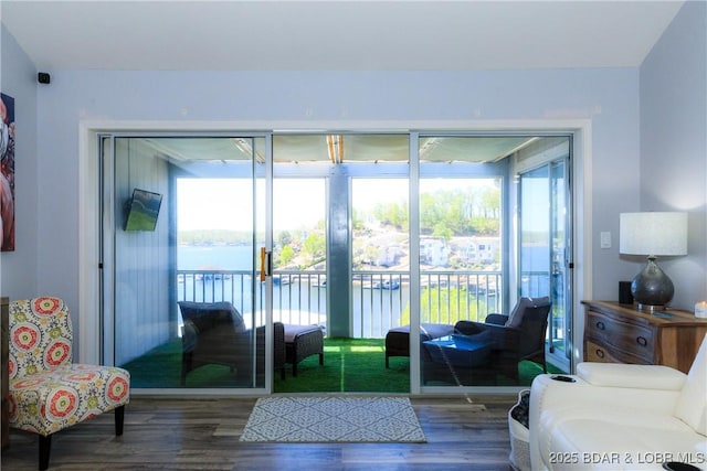 doorway with hardwood / wood-style flooring