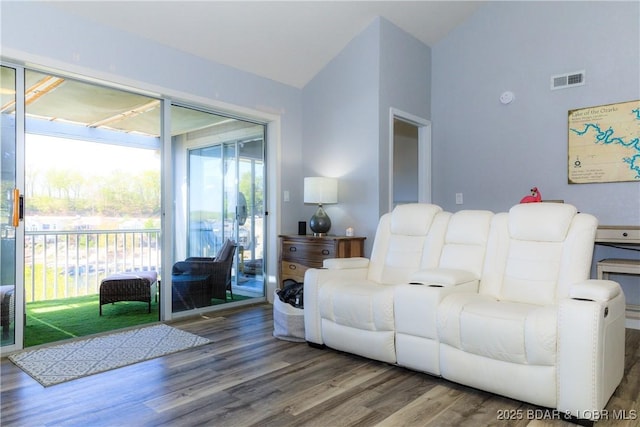 living room with wood-type flooring and lofted ceiling