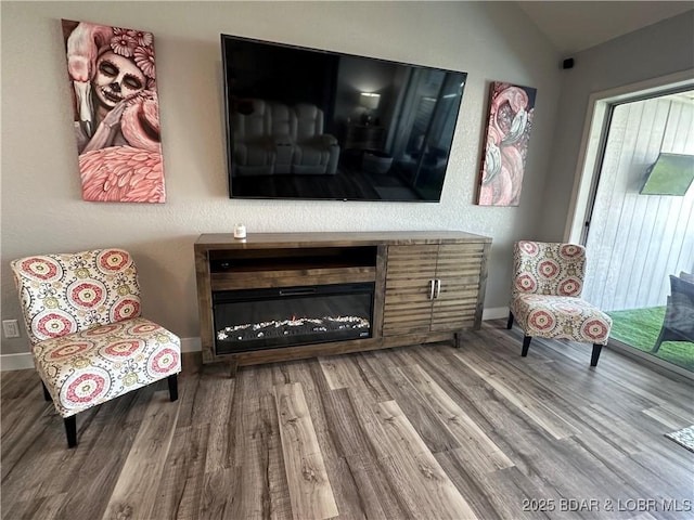 living area featuring wood-type flooring and lofted ceiling