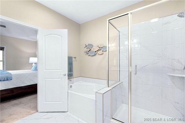 bathroom featuring lofted ceiling and shower with separate bathtub