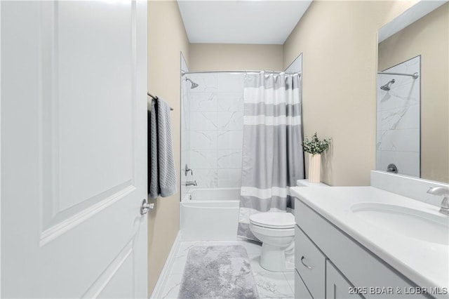 full bathroom featuring toilet, vanity, and shower / bathtub combination with curtain