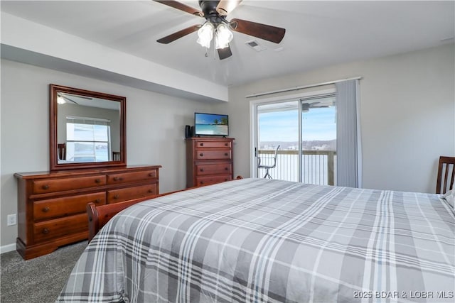 bedroom with ceiling fan, multiple windows, carpet, and access to outside