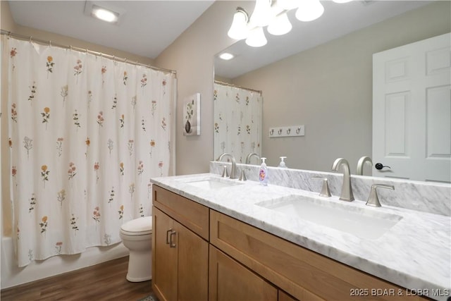 full bathroom featuring shower / tub combo with curtain, vanity, toilet, and wood-type flooring