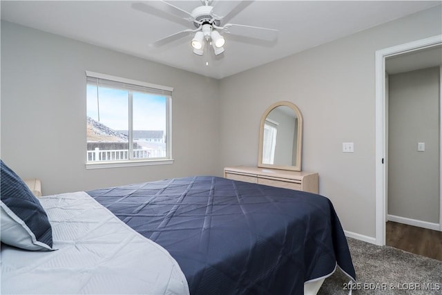 bedroom featuring carpet flooring and ceiling fan