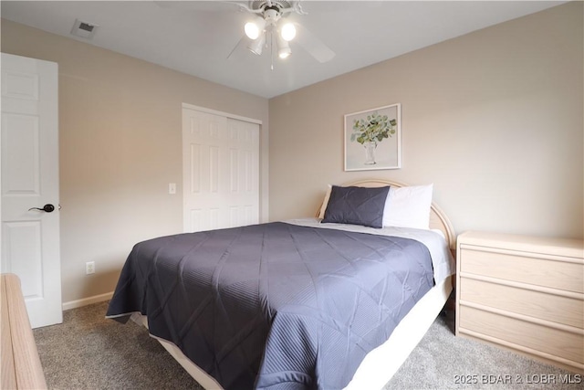 bedroom featuring carpet, ceiling fan, and a closet