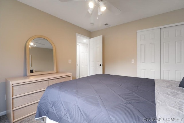 bedroom with ceiling fan and a closet