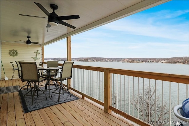 snow covered deck with ceiling fan