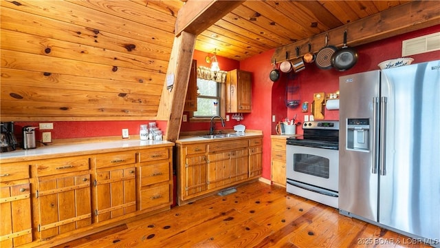 kitchen featuring sink, wood ceiling, light hardwood / wood-style floors, stainless steel appliances, and beam ceiling