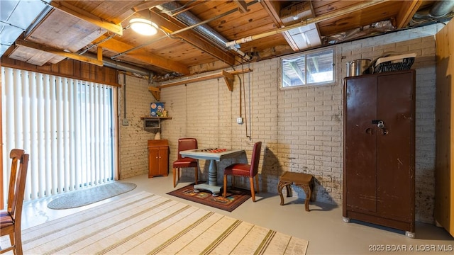 basement featuring brick wall