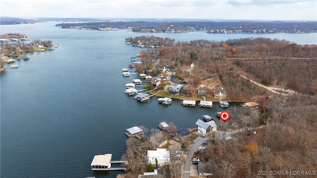 drone / aerial view with a water view