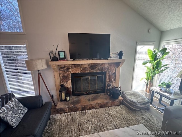 223 Waterscape Dr, Osage Beach, MO 65065 - living area with lofted ceiling, a stone fireplace, a textured ceiling, and wood finished floors