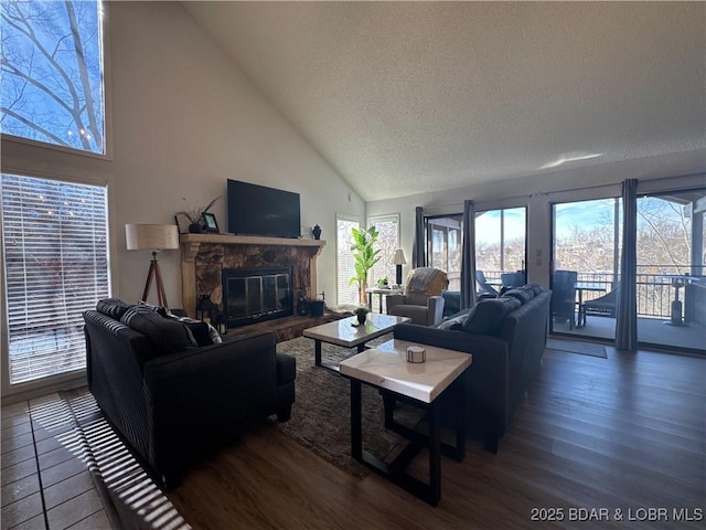 223 Waterscape Dr, Osage Beach, MO 65065 - living area with wood finished floors, high vaulted ceiling, a stone fireplace, and a textured ceiling