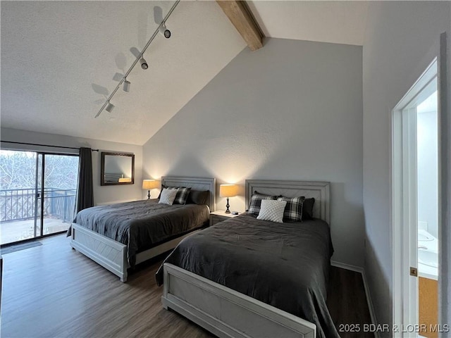 223 Waterscape Dr, Osage Beach, MO 65065 - bedroom featuring access to outside, wood finished floors, and rail lighting