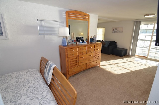 bedroom featuring light colored carpet