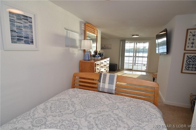 bedroom with light colored carpet