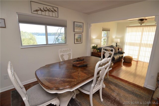 dining space featuring a water view, ceiling fan, a healthy amount of sunlight, and dark hardwood / wood-style floors