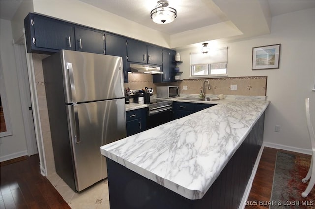 kitchen with appliances with stainless steel finishes, tasteful backsplash, sink, kitchen peninsula, and dark wood-type flooring