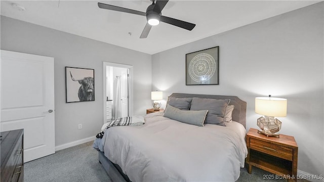 bedroom with ceiling fan and carpet floors