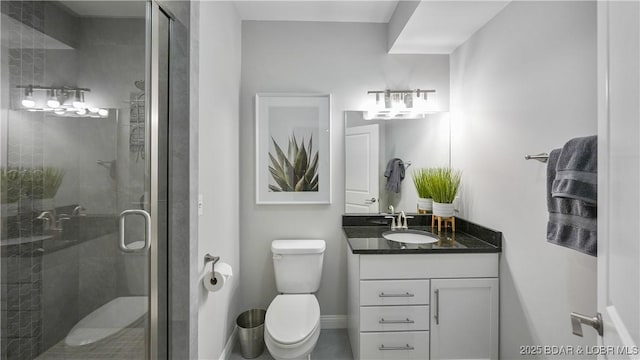 bathroom with vanity, an enclosed shower, and toilet