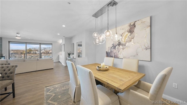 dining area with hardwood / wood-style flooring and ceiling fan